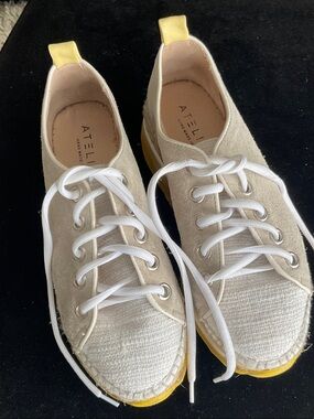 Atelier Neutral Canvas Lace-Up Sneakers with Yellow Trim (8)